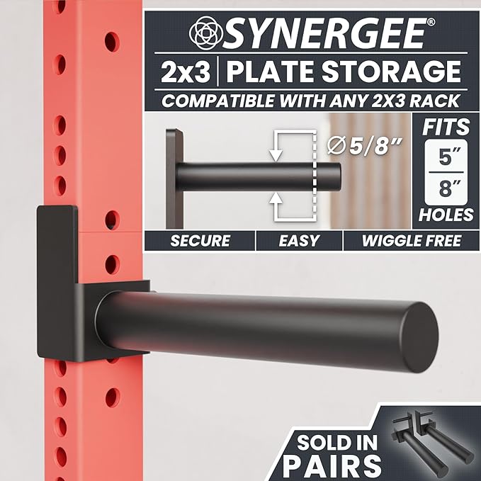 Synergee Weight Plate Storage Peg for Power & Squat Racks. Fits 2x2, 2x3 & 3x3 Racks. Rack-Mounted Plate Holder for Olympic Weight Plates.