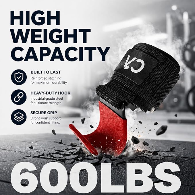 Weight Lifting Hooks (Pair) for Deadlifts, Pull Ups, Rows & Shrugs – Heavy Duty Steel Gym Hooks with 8mm Neoprene Padded Wrist Straps, Secure Hand Grips for Weightlifting, Powerlifting & Strength Training