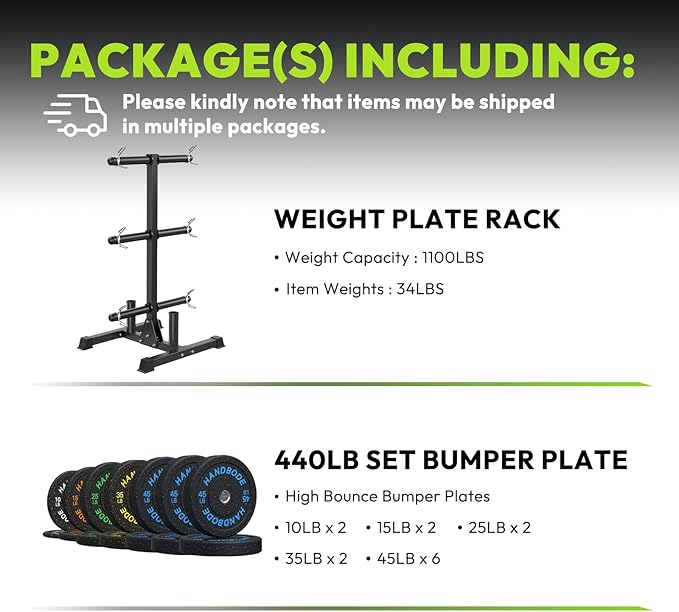 HANDBODE Weight Plate Rack with Barbell Storage, 6-Peg Vertical Holder for 1 or 2-Inch Plates, Heavy Duty 1100 lbs Capacity for Home Gym Organization