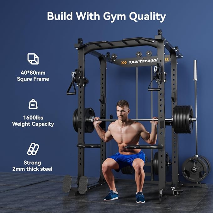 Sportsroyals Power Cage 1600lbs Power Rack with Adjustable Cable Crossover, Multi-Function Squat Rack with Pulley System and Training Attachments for Home Gym