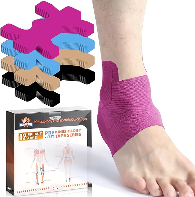 Kinesiology Tape for Ankle, KTQUICK 12 Count Ankle Tape Precut, Original Cotton Waterproof & Breathable, Enhance Elastic Kinesiology Athletic Tape for Ankle Support and Muscle to More Sports (Pink)