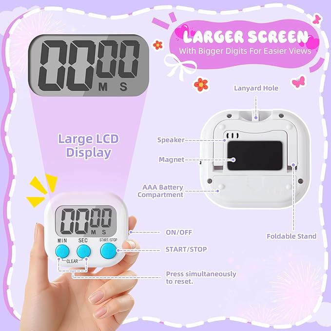 24 Pcs Multi-Function Electronic Timer Small Digital Kitchen Timer Digital Timer with Stickers Magnetic Back for Cooking Classroom Study Gym with Countdown/Up Mode,White