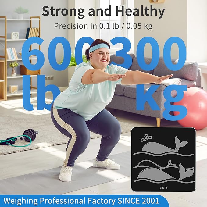Vitafit Amazing 600lb Smart Bathroom Scale for Body Weight in 0.1lb, High Accuracy Assured by Scale Professional Factory Since 2001, Large Platform with 8mm Non-Slip Tempered Glass, LED, 3*AAA, Black