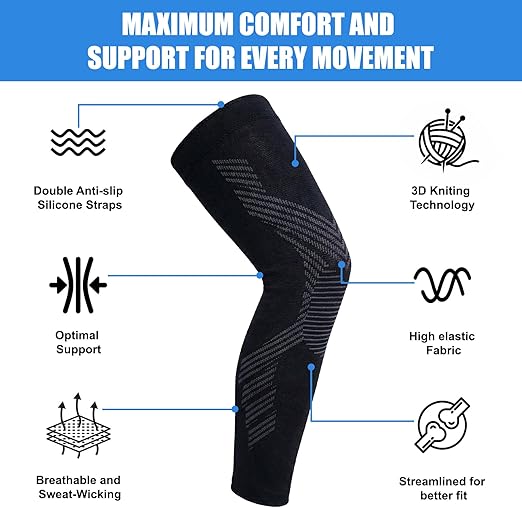 NuCamper Full Leg Compression Sleeves for Men and Women,2 Pack Legs Sleeves Long Knee Brace Support for Running, Basketball, Cycling, Workout, Sports - Black,M