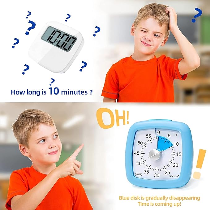 Secura 60-Minute Visual Timer, Silent Study Timer for Kids and Adults, Time Clocks, Time Management Countdown Timer for Teaching (Blue)