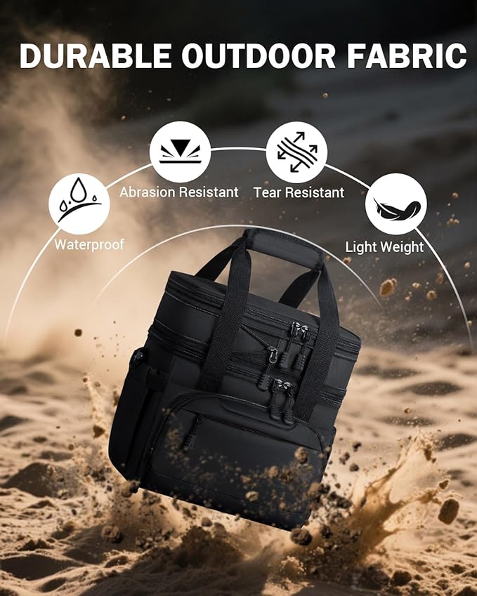 Large Lunch Box for Men Work - 24 Can Expandable Insulated Lunch Bag Double Deck, Heavy Duty Leakproof Cooler Bag with Shoulder Strap for Construction Office Outdoor, Black 14L