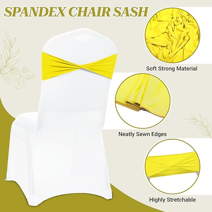 MDS Pack of 10 Spandex Chair Sashes Bows Elastic Stretch Dining Chair Bands Ties Without Slider Buckle Universal fits for Wedding Baby Shower Birthday Party Banquet Event Decoration - Yellow