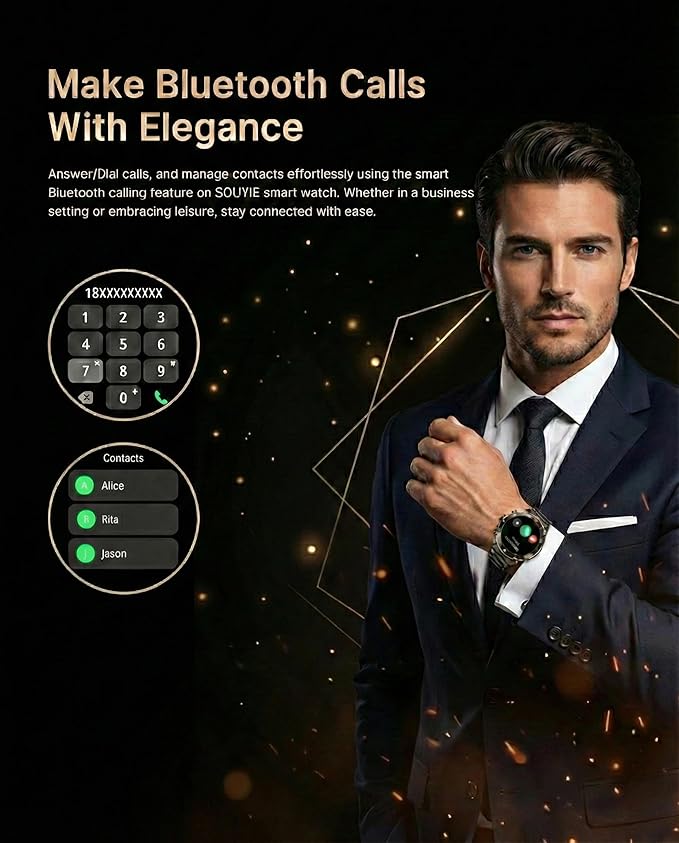 SOUYIE Men's Smart Watch with Bluetooth Call, 1.43" AMOLED Round Dial, Luxury Stainless Steel & Silicone Bands, Business Sport Fitness Tracker, Heart Rate/Blood Pressure/Sleep Monitor for iOS Android