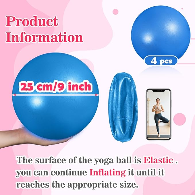 4 Pcs Small Exercise Pilates Ball Bulk 9 Inch Mini Yoga Balls Anti Burst and Slip for Stability, Fitness, Physical Therapy, Stretching & Core Workout at Home Gym Office Class