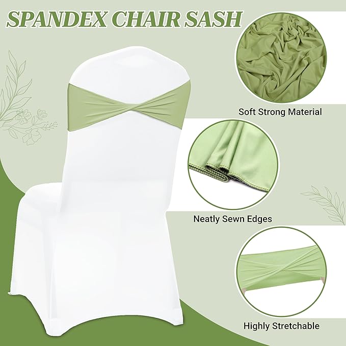 VDS Pack of 125 PCS | Sage Green | Spandex Chair Sashes Bows Without Buckle | Stretch Elastic Banquet Universal Folding Chair Band Tie with for Wedding Party Conference Celebration Event Decoration