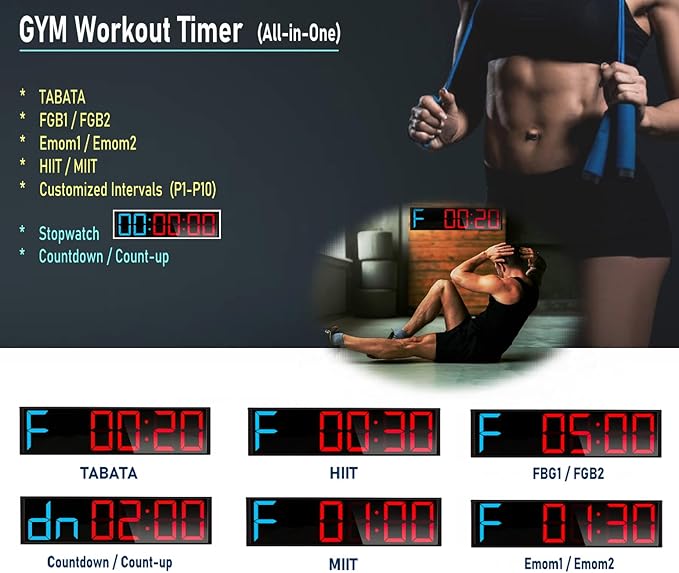 26'' Huge Home Gym Interval Workout Timers, Digital Wall Clock, with Countdown, Stopwatch, 7-Color Light, 8-Alarms, Calendar/Temperature Display, for HIIT/Tabata/FGB/EMOM (Blue & Red)