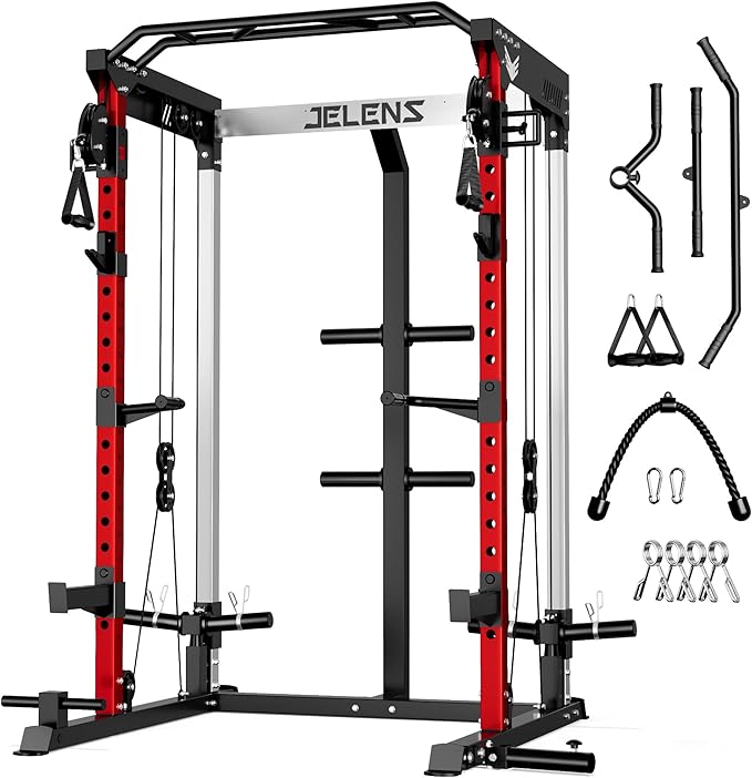 JELENS C21 Power Cage, 2000LBS Multi-Function Power Rack with Independent Dual Pulley System, All-in-One Squat Rack for Cable Crossover, Home Gym Workout Machine