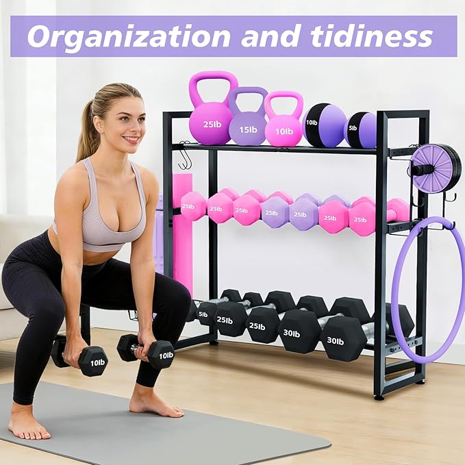 3-Tier Dumbbell Rack with 882 LBS Capacity, Multi-Purpose Weight Rack for Home Gym with Shelf and Movable Hooks, Weight Holder and Home Gym Storage Organizer for Dumbells Kettlebells Yoga Mat
