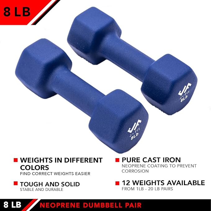 JFIT Dumbbell Pairs or Sets – Neoprene & Vinyl Coated Hand Weights for Home Gym, Strength Training, Aerobics, Cardio Exercise and Fitness