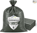 Heavy Duty Sand Bags Pack of 6, Army Green Empty Sandbags with Built-In Ties, Woven Polypropylene UV Protection 1600 Hours, Fillable Bags for Flood Control, Weight, 18x24 inches, 60 Pounds Volume