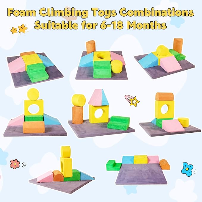 7-Piece Foam Climbing Blocks for Toddlers, Toddler Climbing Toys Indoor, Climb and Crawl Soft Foam Play Set with 47x47, 1.5" Thick Baby Play Mat for Floor, Removable & Machine-Washable Cover