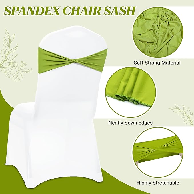 MDS Pack of 100 Spandex Chair Sashes Bows Elastic Stretch Dining Chair Bands Ties Without Slider Buckle Universal fits for Wedding Baby Shower Birthday Party Banquet Event Decoration - Apple Green