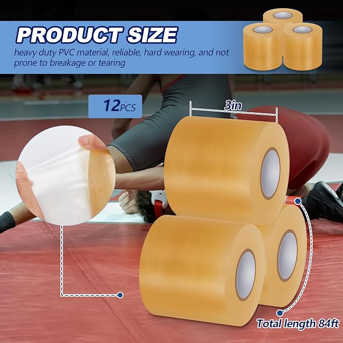 Pangda 12 Pcs Wrestling Mat Tape 3 or 4 Inch Heavy Duty 7 Mil PVC Carpet Tape for Wrestling Grappling Exercise Mats Seaming Cover Gym Floor Carpet Seam