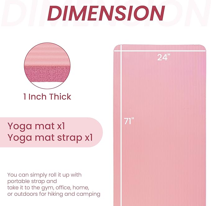 Signature Fitness 71x24 Inches Extra Thick Yoga Mat 1-Inch High-Density Foam – Roll-Up Exercise Pad with Double-Sided Non-Slip Surface and Carrying Strap for Pilates and Home Workouts, Multiple Colors