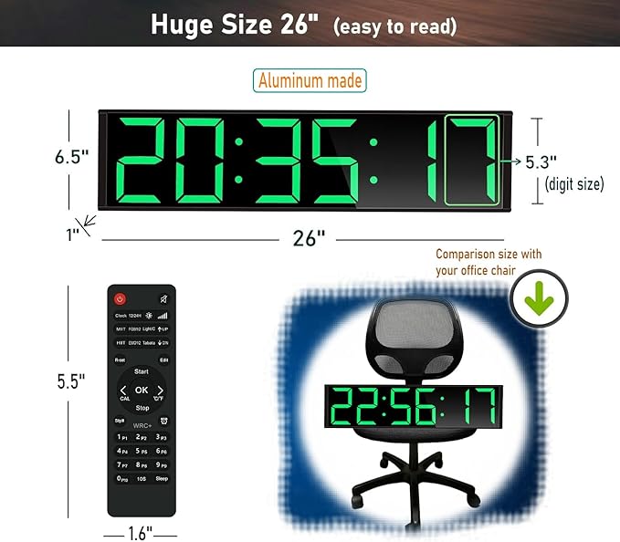 26'' Huge Clock (5.3'' Digits), Gym Timer, Home Gym Clock, Interval Workout Timer, with 8 Alarms, 7-Color Night Lights, for HIIT/Tabata/EMOM/FGB/Boxing (Green)