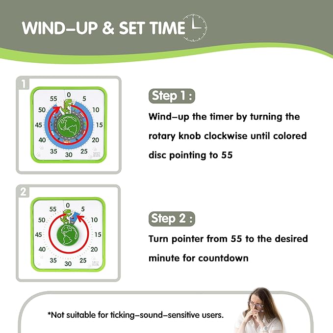 TWENTY5 SEVEN Countdown Timer 7.5 inch, 60 Minute 1 Hour Visual Timer for Classroom Teaching Tool Office Meeting, Mechanical Countdown Clock for Kids Exam Time Management Magnetic, Green Dinosaur