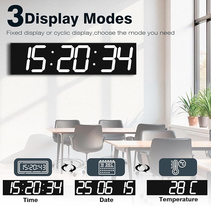 CHKOSDA Digital Wall Clock with Large Display, 28.4‘’LED 6-Digit Large Clock with Adjustable Brightness, Multifunction Digital Timer with Countdown and Stopwatch (White)
