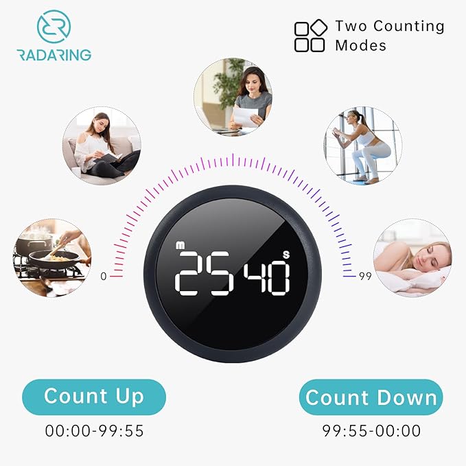 Stell Gray Quick Que Kitchen Timers, Visual timers Large LED Display Magnetic Countdown Countup Timer for Classroom Cooking Fitness Baking Studying Teaching, Easy for Kids and Seniors (Steel Gray)