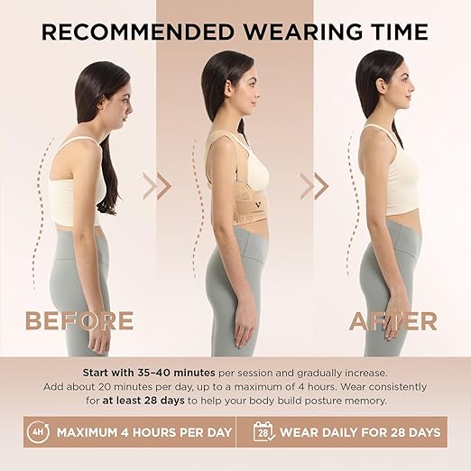 Vicorrect Adjustable Posture Corrector for Women: Comfortable Fit for Body Types - Invisible Under Clothes Wearable for Sitting and Exercise - Helps with Upper Back Shoulder Neck Pain (Beige, Small)