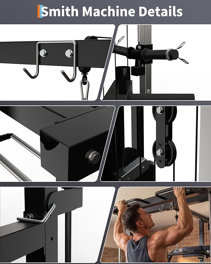 Garvee Smith Machine, Heavy Duty Power Cage Squat Rack with Smith Bar, LAT Pulldown System, Chest Station & More Training Attachment, Home Gym Equipment for Strengthen Training