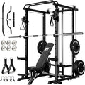 RitFit Multi-Function Garage & Home Gym Package Includes 1200LBS Power Cage PPC03/P3 with Cable Crossover System, Weight Bench, Olympic Barbell Weight Set, Full Body Workout