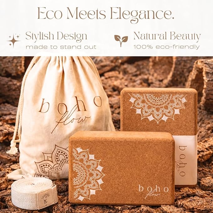 Cork Yoga Block Set – 2 Pack with Strap & Canvas Bag | Luxury Portuguese Yoga Blocks 9”x6”x3” | Heavy-Duty, Non-Slip Support | Eco-Friendly, Plastic-Free Materials