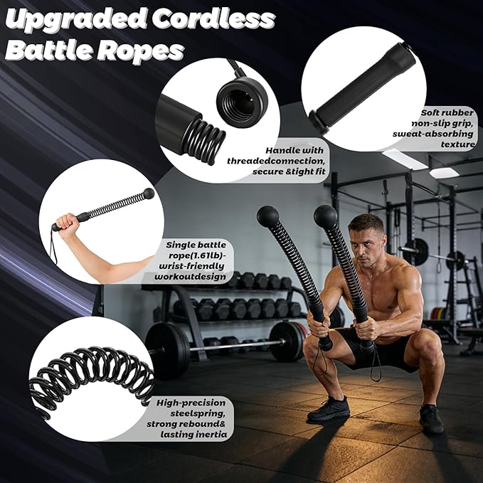 Weighted Ropeless Battle Ropes - Heavy Duty Cordless Workout Ropes with Non-Slip Spiral Handles | Portable Home Gym Equipment for HIIT, Strength Training & Cardio | Men & Women
