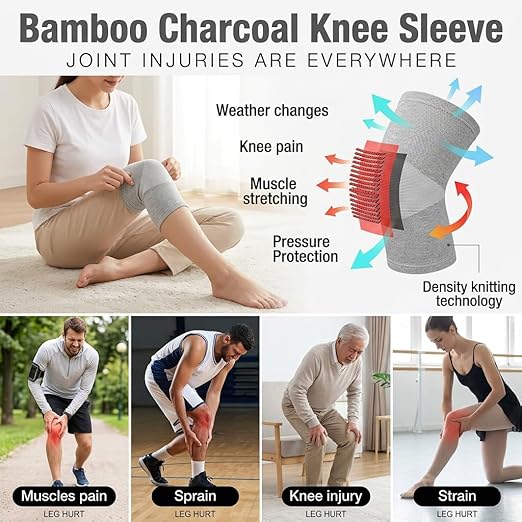 Premium Bamboo Knee Sleeve - 2 Pair Bamboo Compression Knee Sleeve for Women & Men, Anti-Slip Elastic Sport Warm Knee Brace for Arthritis (Black+Gray,X-Large)