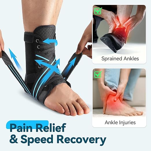 AGPTEK Ankle Brace for Women Men, Adjustable Lace-Up Ankle Support with Removable Splints for Sprained Ankle, Injury Recovery, Ankle Stabilizer Wrap for Basketball Volleyball Sports, Blue, L