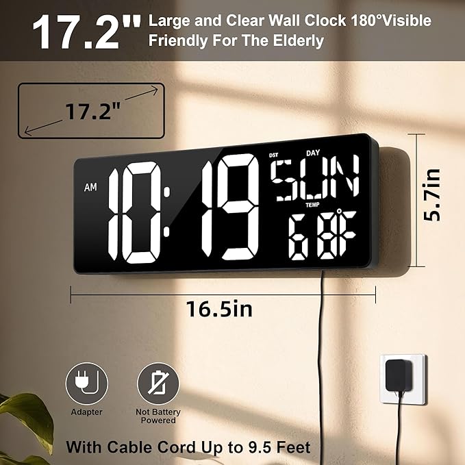 Large Digital Wall Clock with Remote Control 17.2" LED Large Display Timer with Temperature Date Week Auto DST Adjustable Brightness, Big Wall Alarm Clock for Living Room Office Garage Gym Seniors