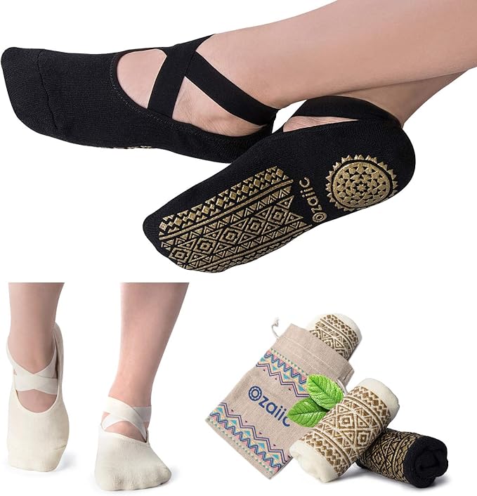 Ozaiic Pilates Socks for Women Non Slip Grip, Yoga Socks with Grippers for Barre, Hospital, Ballet, Dance, Barefoot Workout
