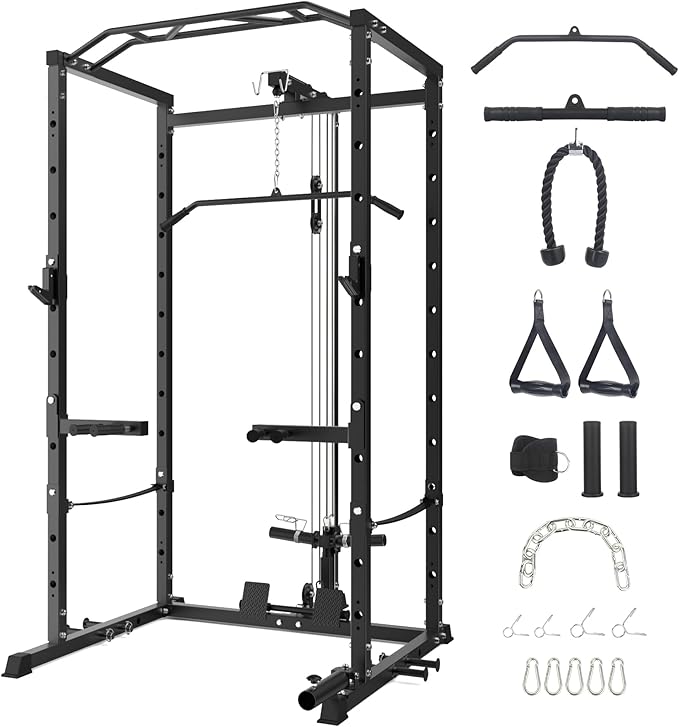 GarveeLife Power Cage, Multi-Function Squat Rack with LAT Pulldown, 1600 LBS Weight Capacity Fitness Power Rack with Cable Pulley System and j-Hooks, Dip Bars and Landmine Attachment for Home Gym
