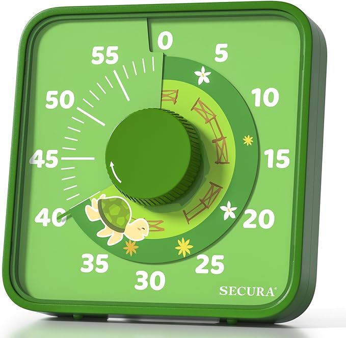 Secura 7.5-Inch Animal Pattern Visual Timer for Kids, 60-Minute Countdown Timer for Classroom or Kitchen, Durable Mechanical Timer Clock with Magnetic Backing (Green)