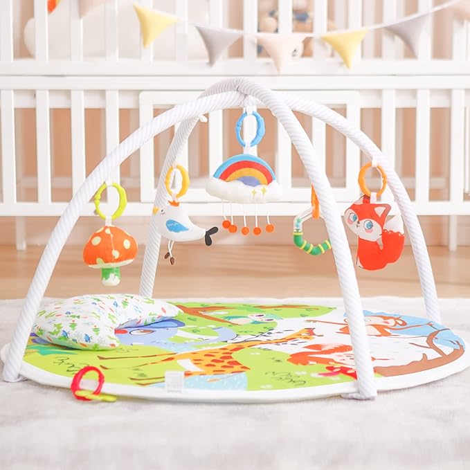 Baby Play Gym, ibabejoy Activity Play Mat for Newborn to Toddler, Stage-Based Sensory & Motor Skills Development, 7in 1 Non Slip Language Discovery Platmats with Teether