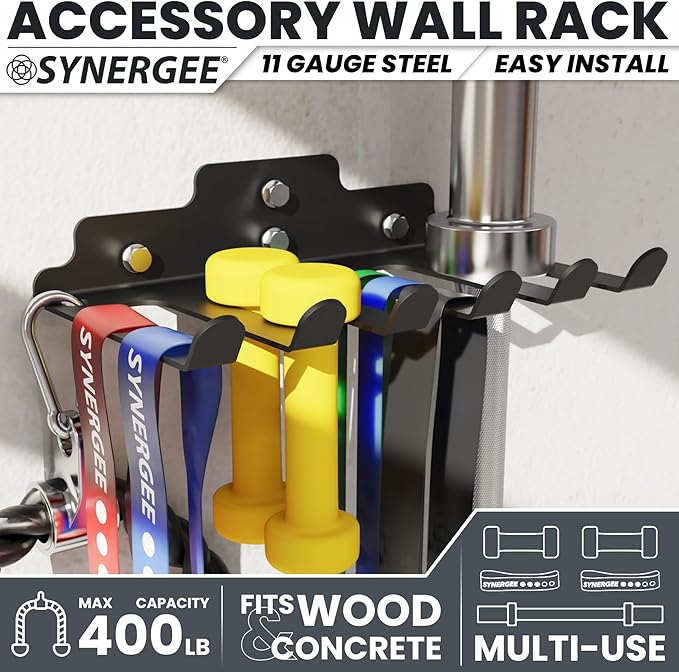 Synergee Wall Mounted Barbell Holder & Gym Accessory Rack – Heavy Duty Steel Storage for Barbells, Collars, Bands, and Fitness Gear – Space Saving Home Gym Equipment Organizer