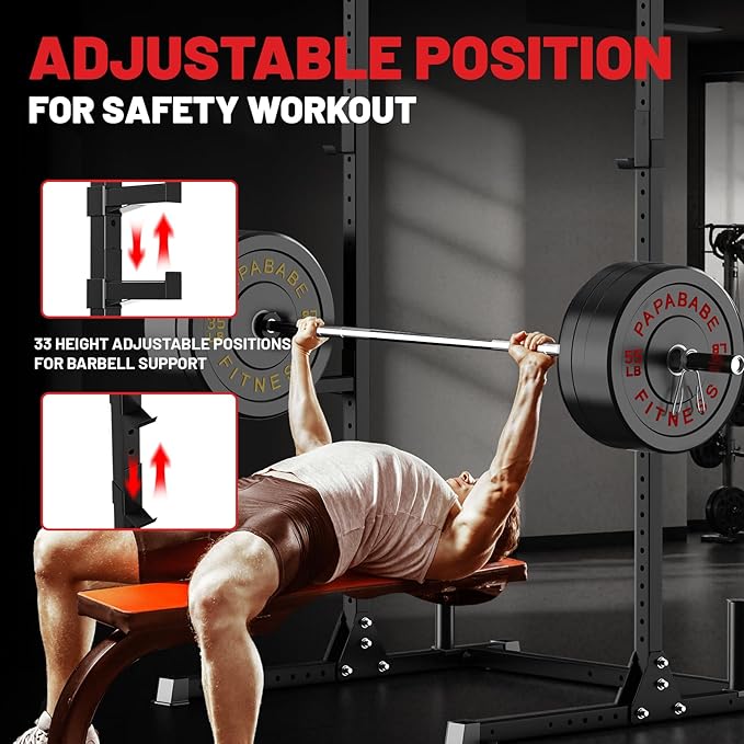 papababe Squat Rack with Pull Up Bar for Home Gym, Adjustable Power Cage with J-Hooks, 800LB Capacity Multi-Functional Bench Press Power Rack for 6FT, 7FT Barbell, Weight Lifting Rack