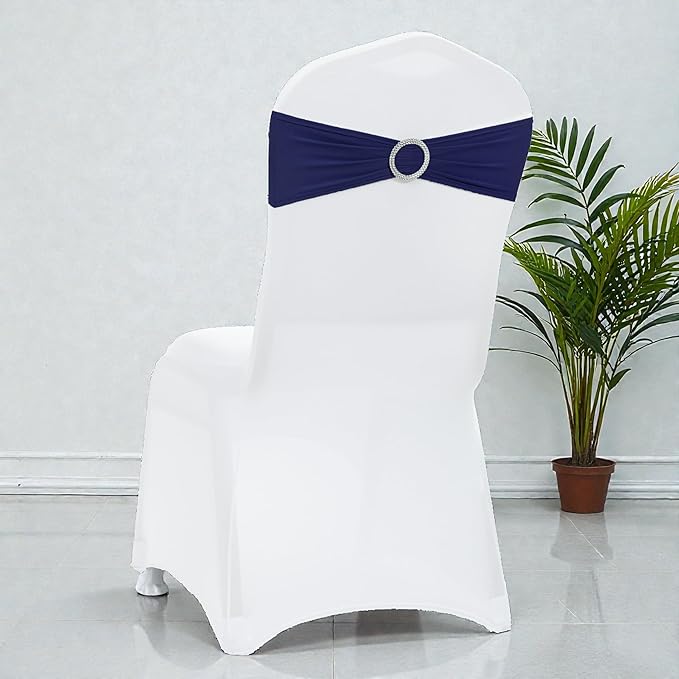 MDS Pack of 25 Spandex Chair Sashes Bow Premium Stretch Chair Cover Band with Buckle Slider Universal fits Elastic Stretch Chair Ties for Wedding Party Banquet Events Decoration - Navy Blue