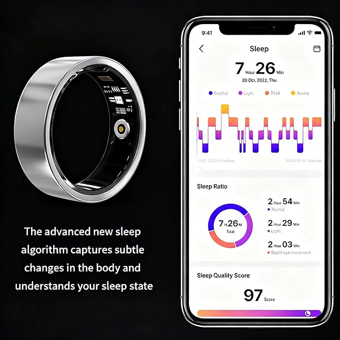 Smart Ring for Women Men, Fitness & Health Tracker with Vital Signs Monitoring, Sleep Tracker, Remote Photography, No Subscription(Silver,10#)