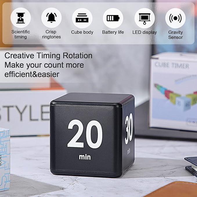 Weewooday Cube Timer, Gravity Sensor Flip Timer for ADHD Productivity, Classroom Kitchen Study Workout Cooking Desk Timers for Time Management, 15 20 30 60 Minutes Countdown Tool(Black)