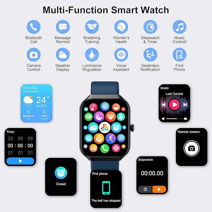 Smart Watch for Men Women (Answer/Make Call), 1.96"HD Smartwatch with Heart Rate/Sleep Monitor/Pedometer/Calories, 113+ Sports Fitness Watch, IP68 Waterproof Activity Tracker for Android iOS-Blue