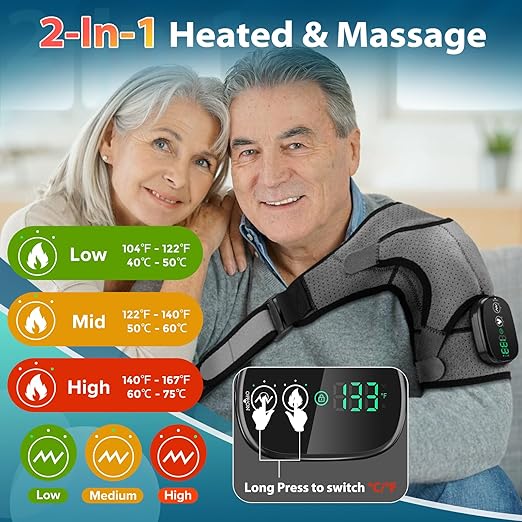 Cordless Portable Shoulder Heating Pad & Massager, Heating Vibration Shoulder Wrap, Shoulder Brace for Pain Relief, Rotator Cuff Support for Men & Women, Black&Grey