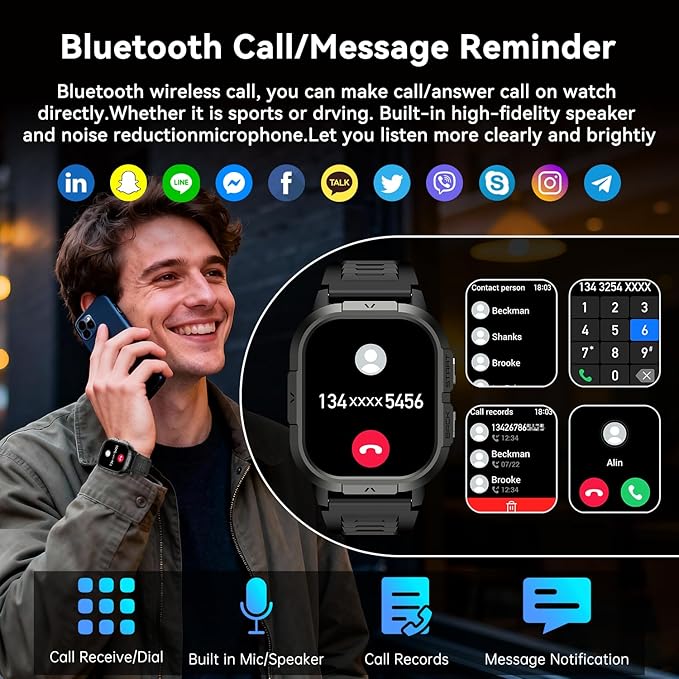 Smart Watch for Men Fitness Tracker: Make/Answer Call Military Smart Watches for Men Digital Watches Heart Rate Monitor Waterproof Running Smartwatch Android Phones iPhone Samsung Compatible 2 Bands