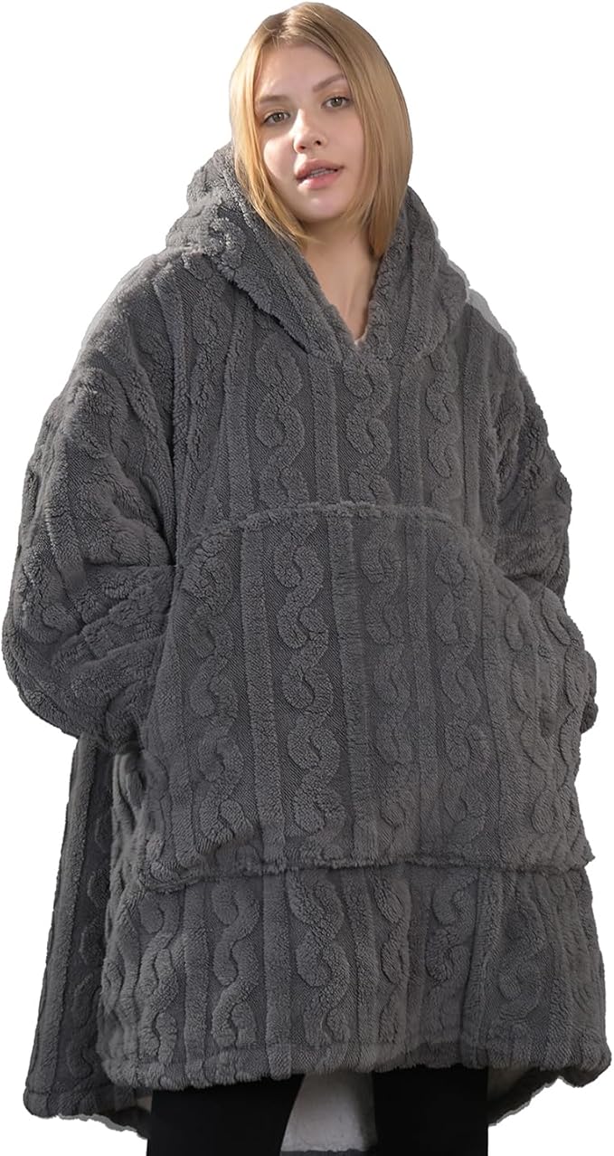 Heated Wearable Blanket Battery Powered, Come with 5000mAh Portable Rechargeable Charger, USB Fannel Sherpa Oversized Hoodie Sweatshirt, Machine Washable, Grey