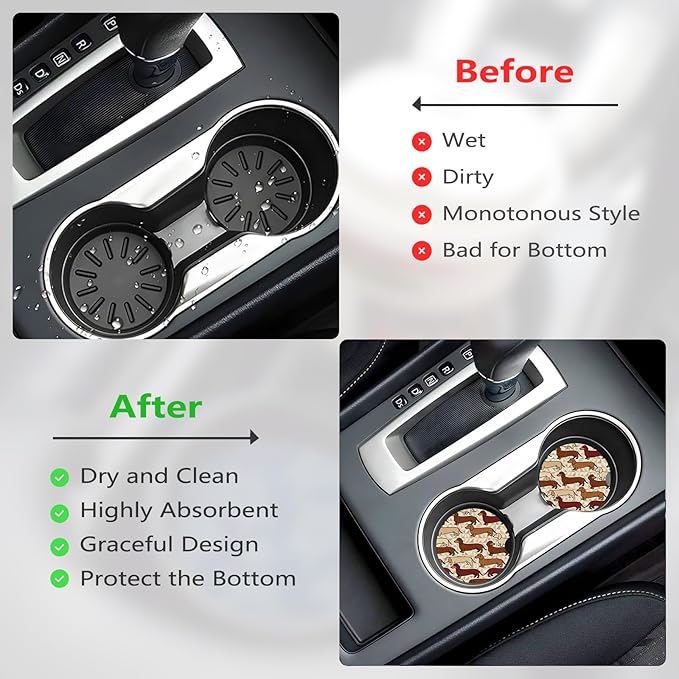 Car Cup Holder Coasters, 2 Pcs Ceramic Coasters with Finger Slot and Cork Back, Anti-Slip Shock Absorbing Women and Men Universal Car Accessories - Retro Wiener Dog