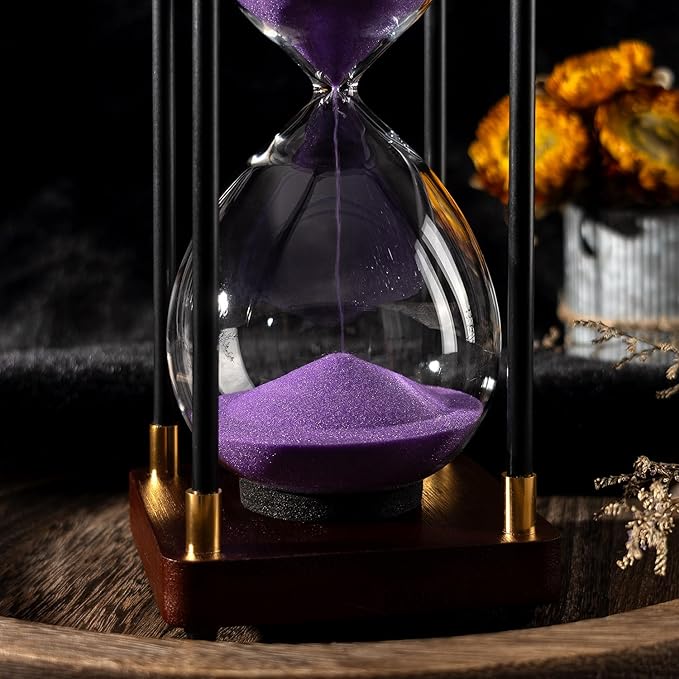 60 Minutes Sand Hourglass Timer, Vintage Sand Clock 60 Minutes, Large White Sander with Wooden End Caps, Hour Glass Sandglass Timer for Games Classroom Kitchen Decor (Purple Sand)